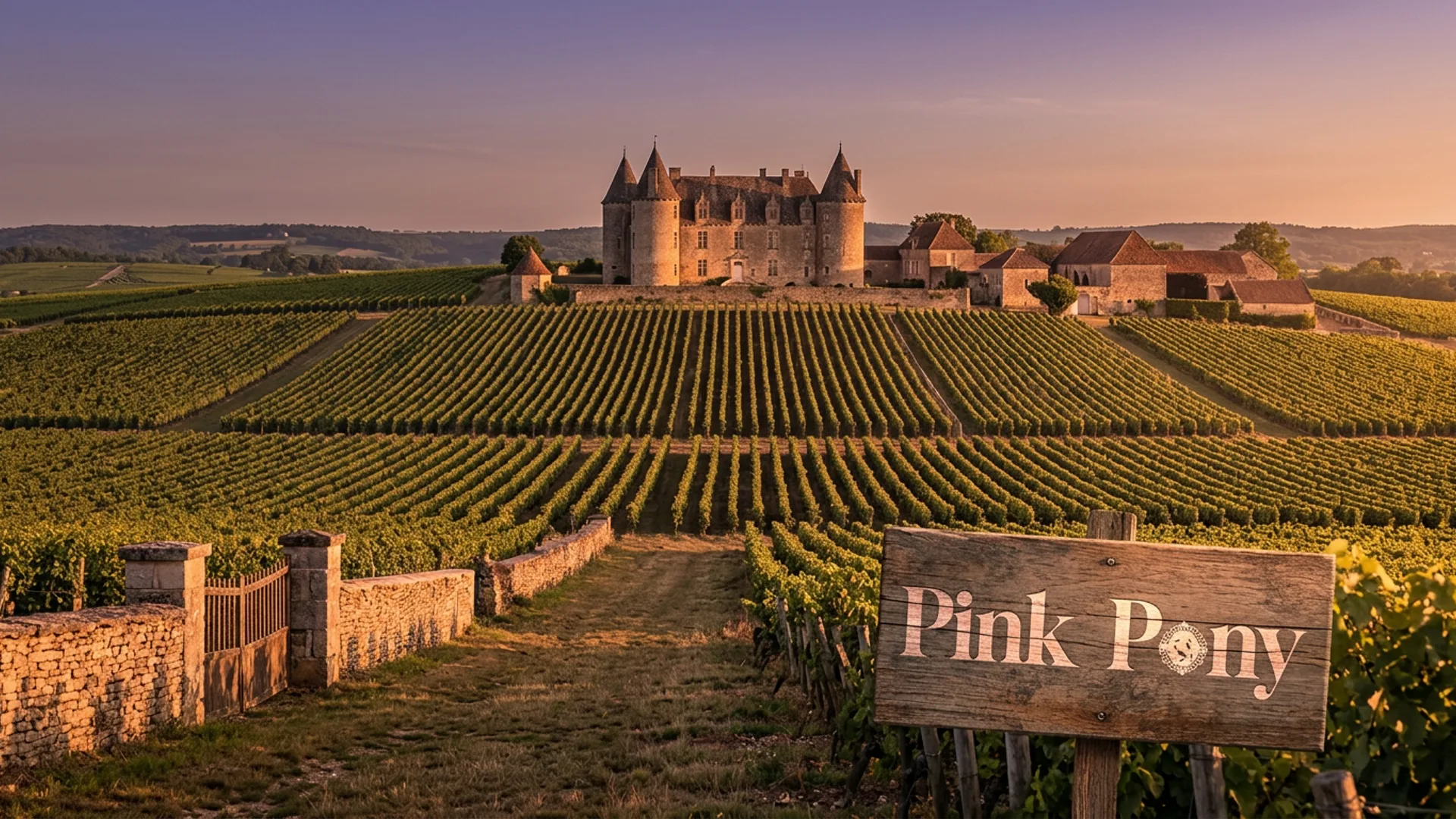 Rolling Loire Valley vineyards at golden hour, château on the horizon