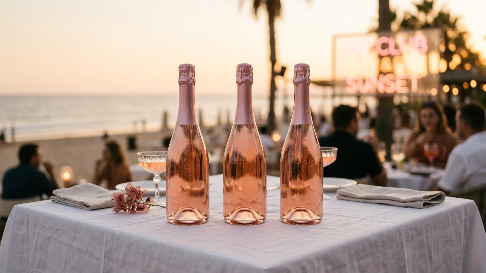 Three Pink Pony bottles lined up on a white tablecloth at a beach club sunset