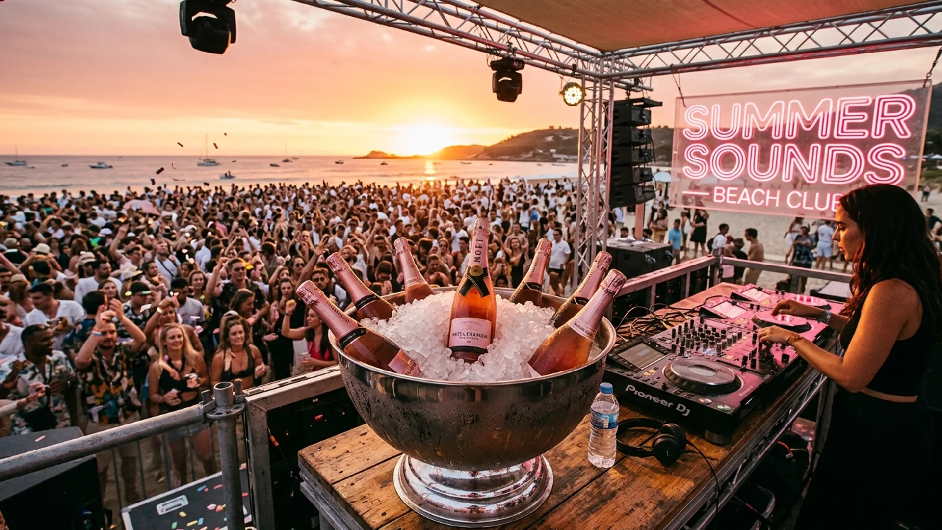 Ice bucket of Pink Pony bottles at a DJ booth with a massive crowd at golden sunset