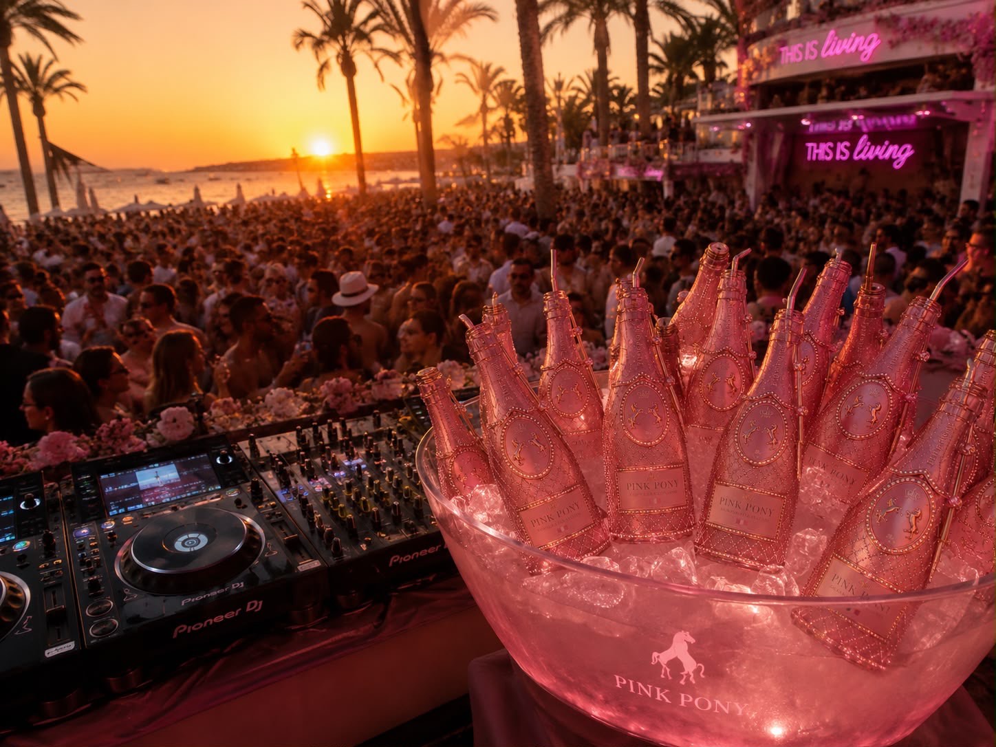 Pink Pony bottles at an Ibiza beach club with a large crowd