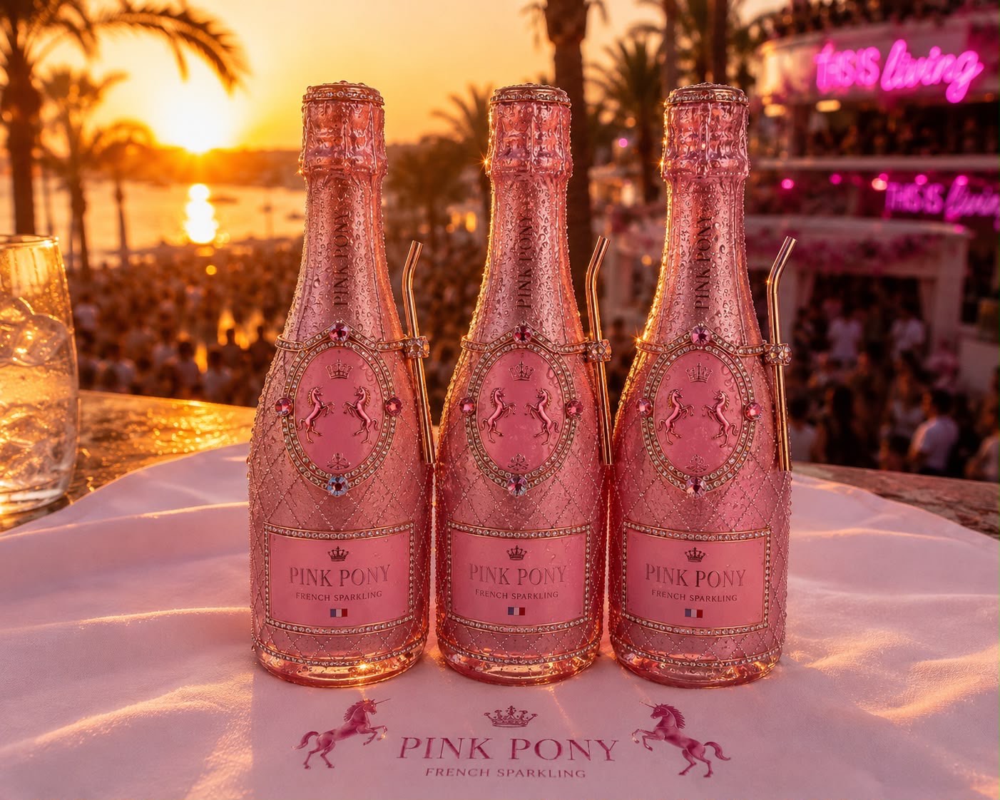 Three Pink Pony bottles lined up on a white tablecloth at a beach club sunset