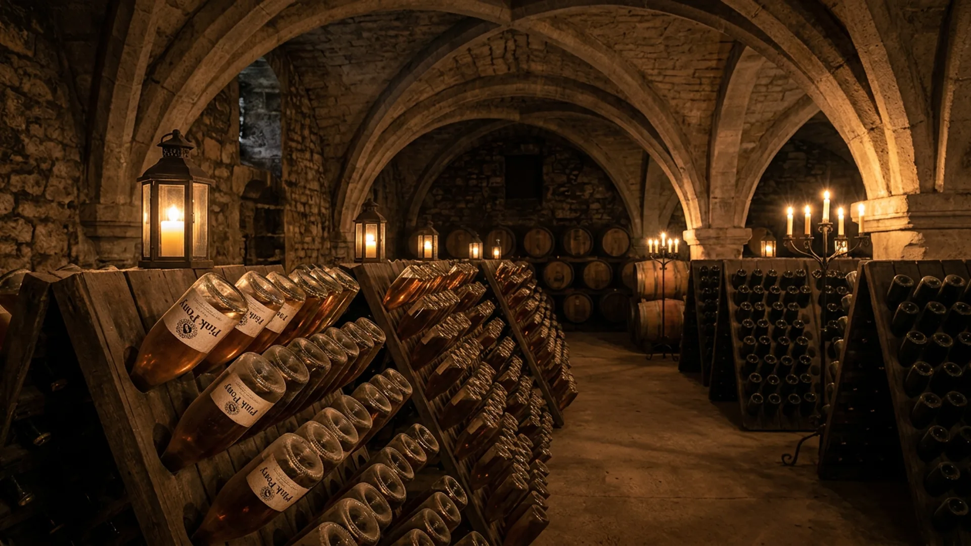 Ancient limestone cellar beneath the château, riddling racks holding hundreds of sparkling bottles