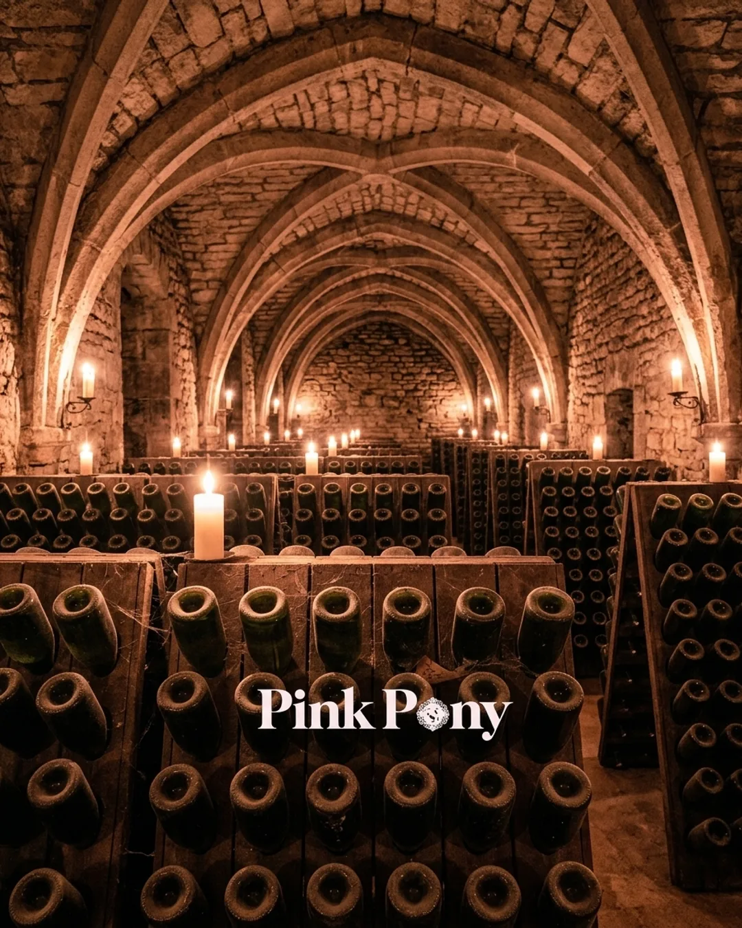 Close-up of sparkling wine bottles in riddling racks inside the château cellar